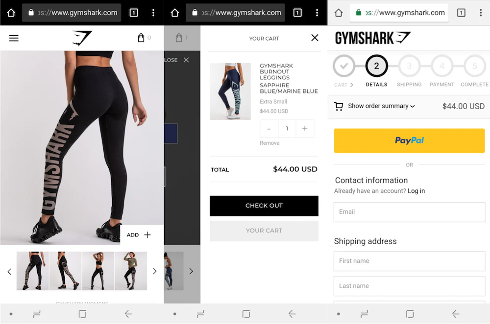 Gymshark’s mobile app-first checkout with quick add-to-cart and PayPal payment options.
